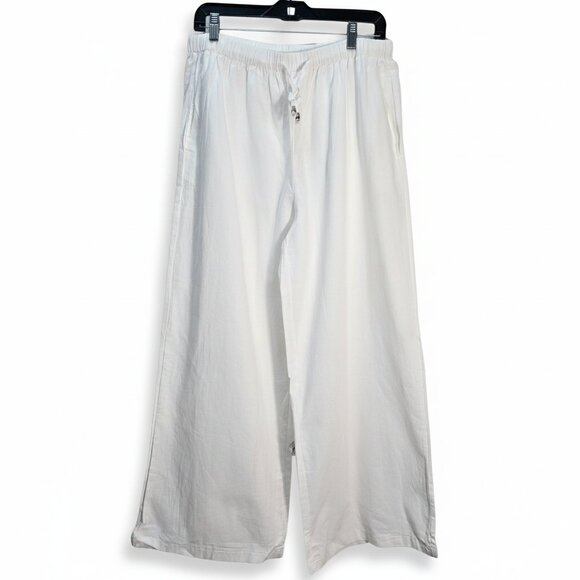 NWOT | White Linen Blend Wide Leg Drawstring Waist Flowy Beach Resort Pants | XL - Picture 1 of 5
